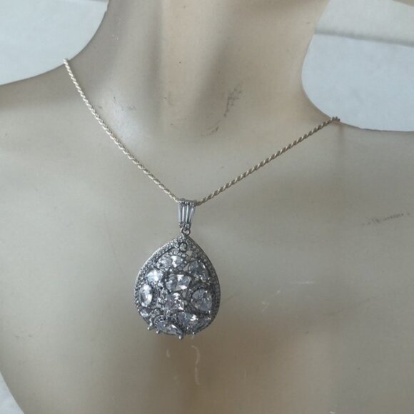 FZN 925 Sterling Silver Necklace w Filigree Teardrop Crystals Pendant 13" long - Picture 3 of 16